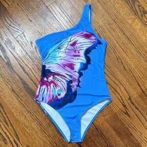 B34 Elegant Blue and Purple Butterfly Print Women's Medium One Piece Swimsuit
